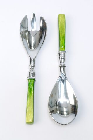 Salad servers with green enamel handles are elegant and eco friendly too.