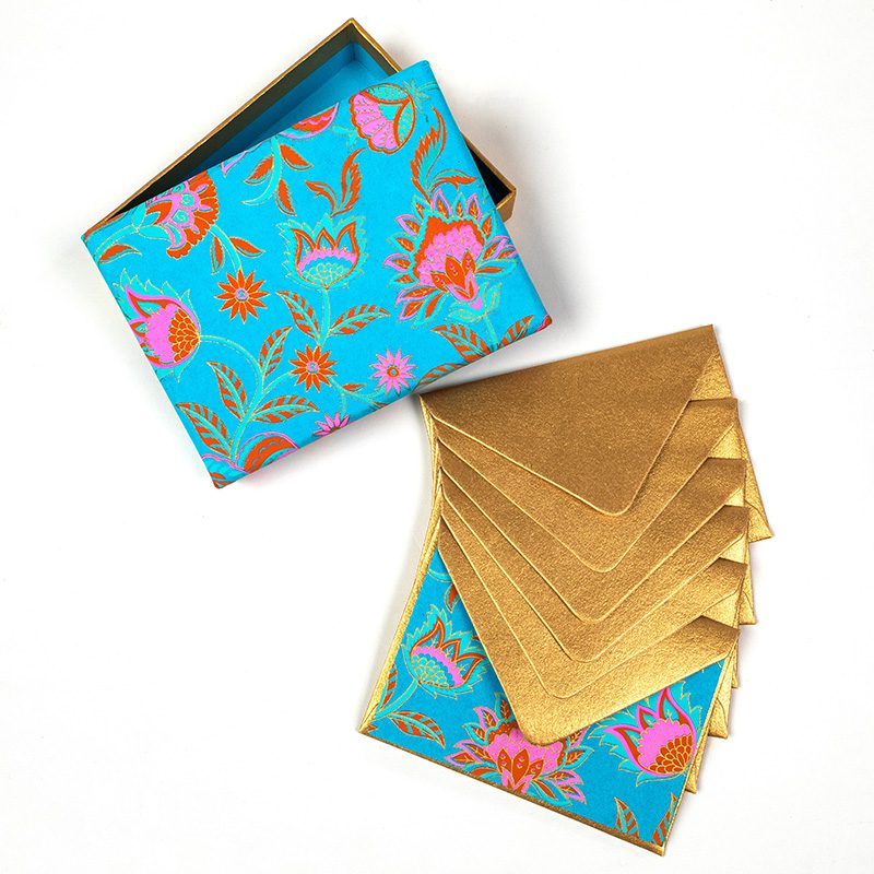 Blue floral twist boxed notecards are vibrant and eco-friendly
