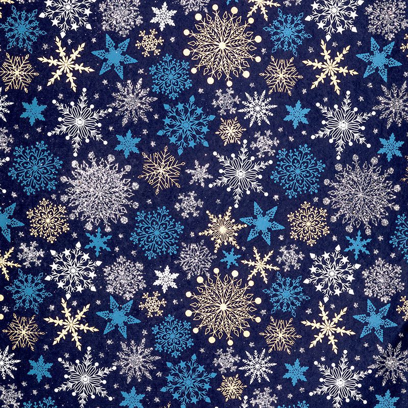 Blue handmade gift wrap paper featuring snowflakes in blue, white, and silver glitter adds a festive sparkle to any present.