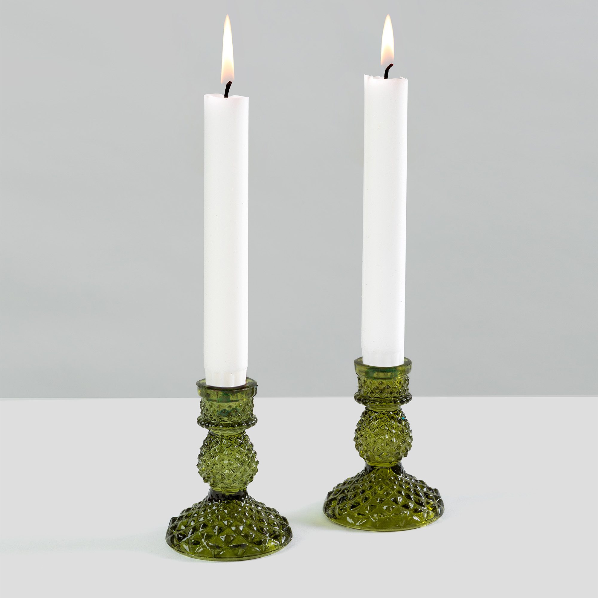 Green Pressed Glass Candle Stands