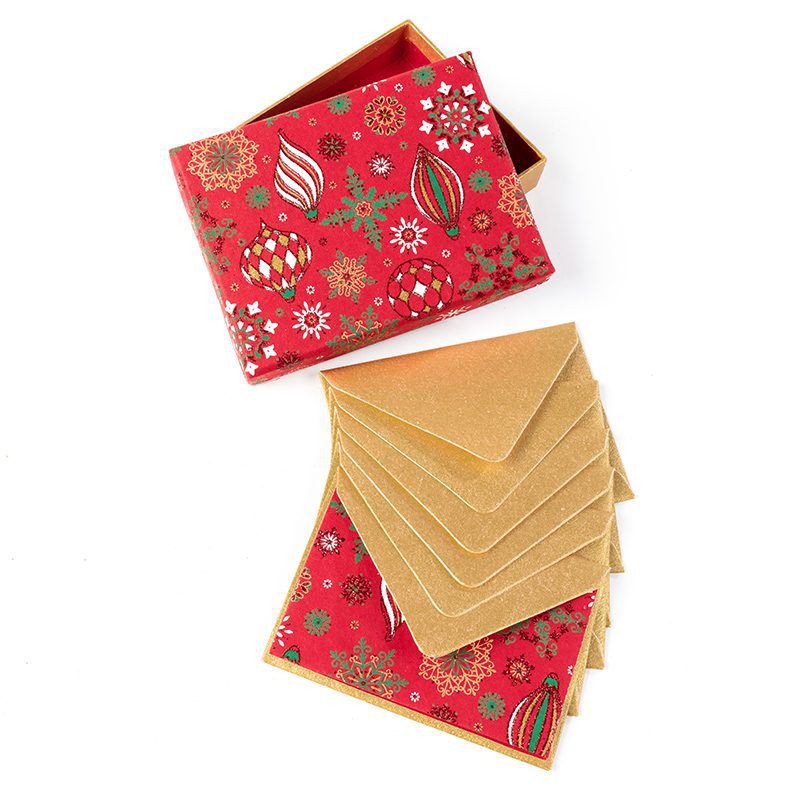 Red bauble print boxed note cards captures the festive spirit.