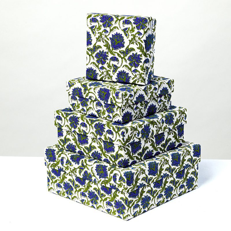 This vibrant blue and green print gift box, adorned with cheerful Rajasthani floral patterns, is perfect for sunny summer days.