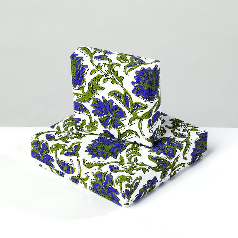Traditional Rajasthani floral prints meet fresh summer colours. This green and blue eco-friendly box brings rustic charm to every gift.